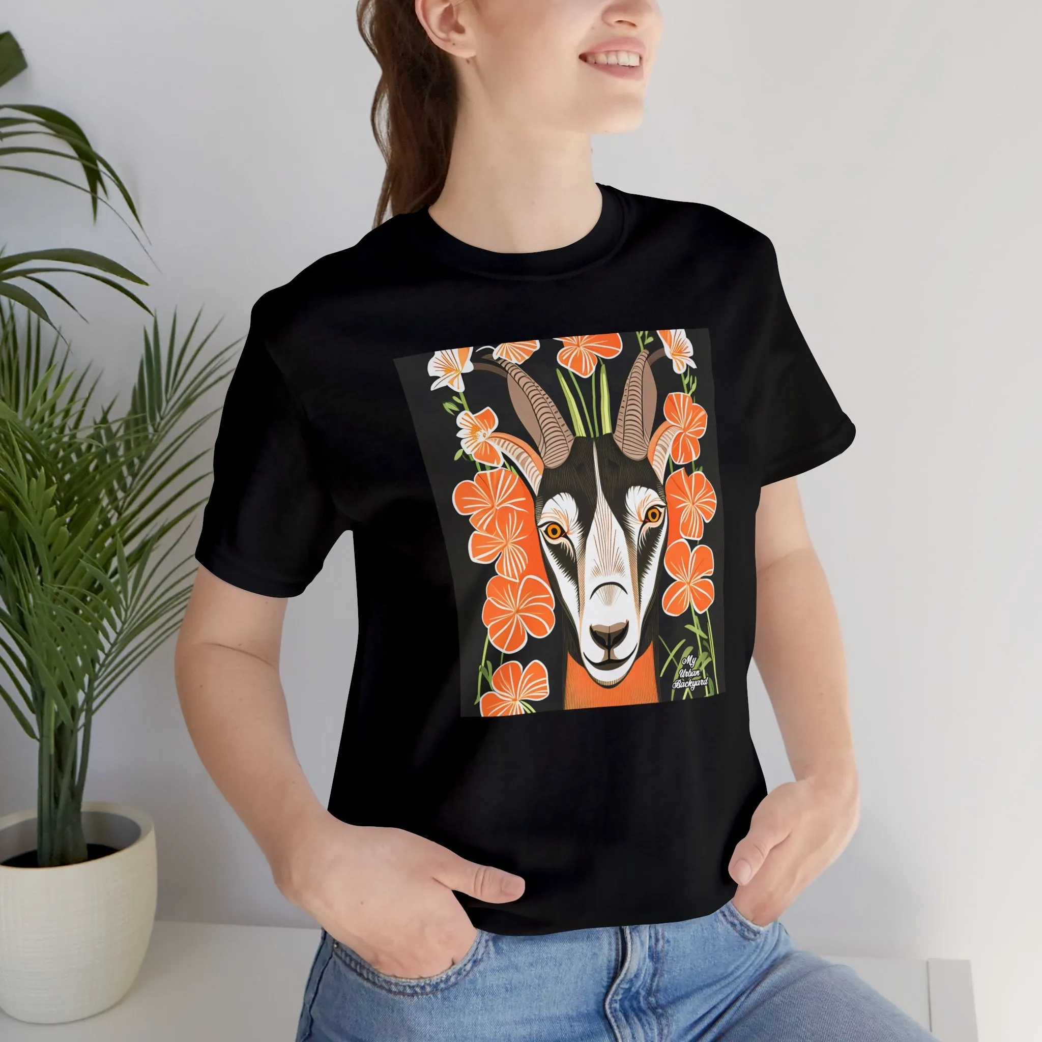 Goat with Orange Flowers, Soft 100% Jersey Cotton T-Shirt, Unisex, Short Sleeve, Retail Fit