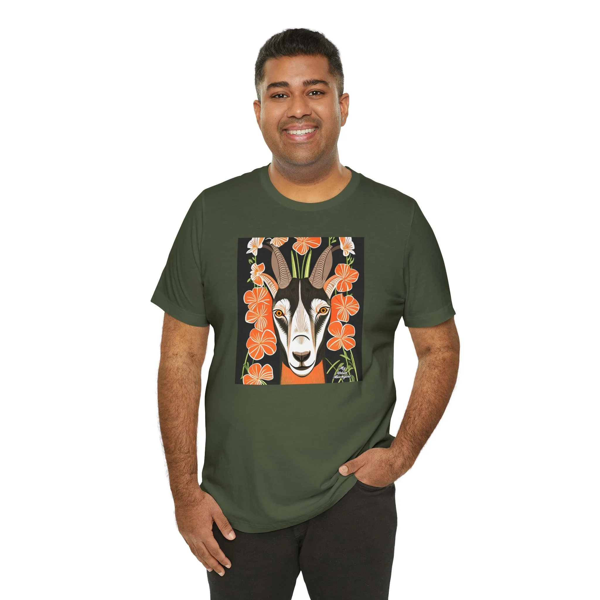 Goat with Orange Flowers, Soft 100% Jersey Cotton T-Shirt, Unisex, Short Sleeve, Retail Fit