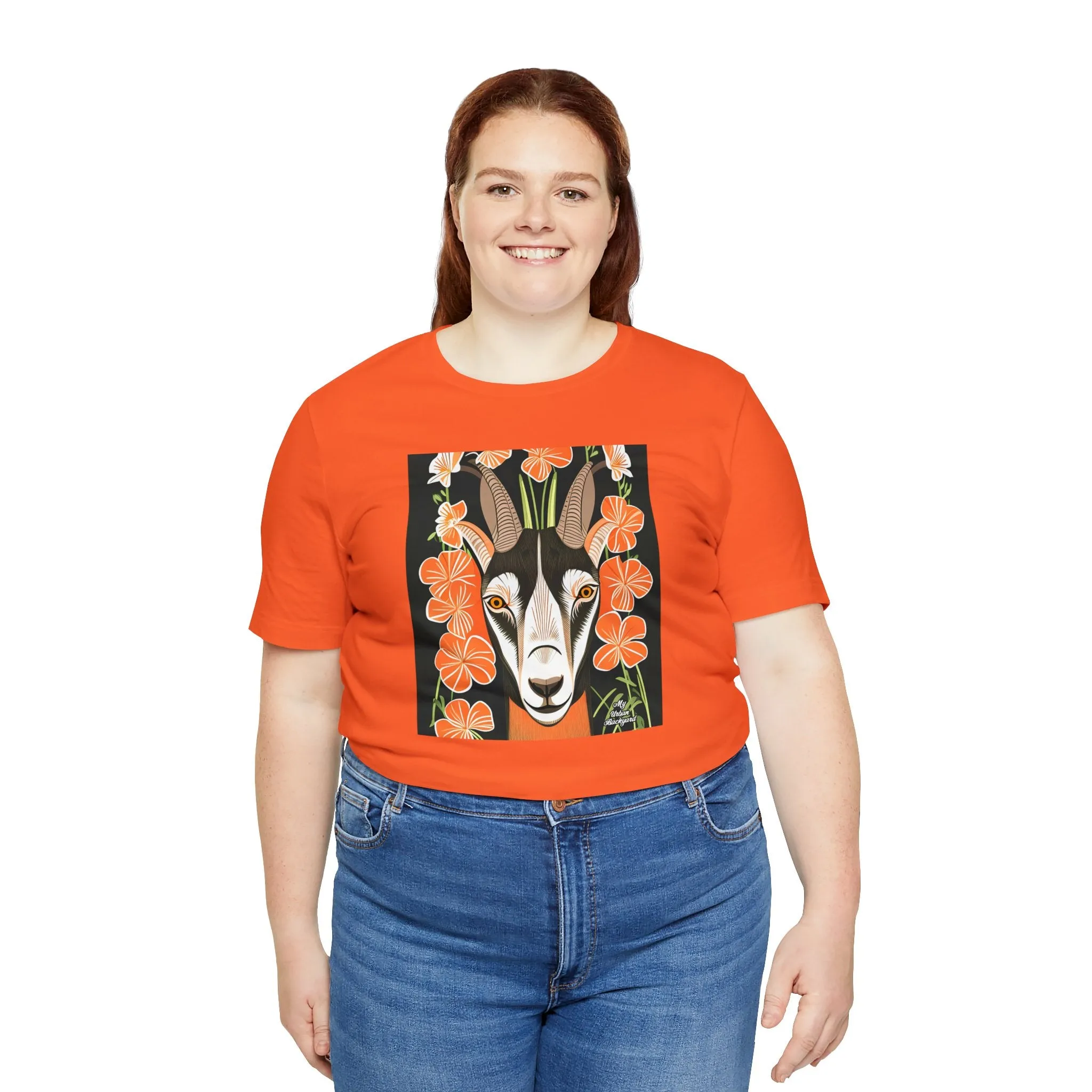 Goat with Orange Flowers, Soft 100% Jersey Cotton T-Shirt, Unisex, Short Sleeve, Retail Fit