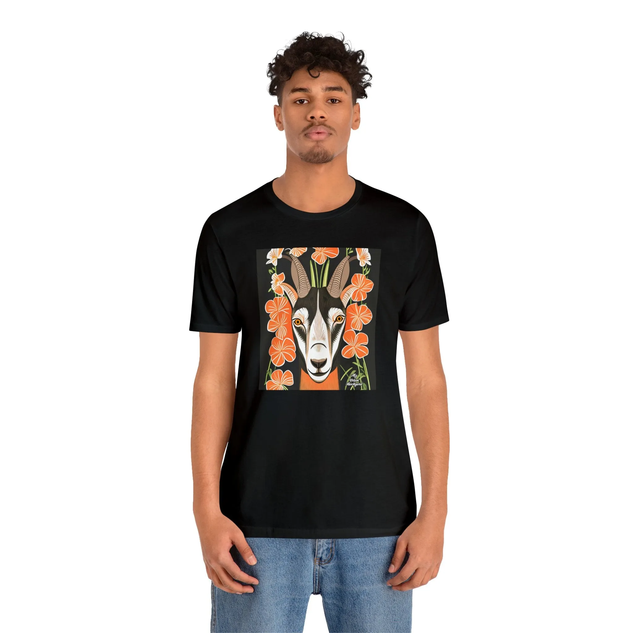 Goat with Orange Flowers, Soft 100% Jersey Cotton T-Shirt, Unisex, Short Sleeve, Retail Fit