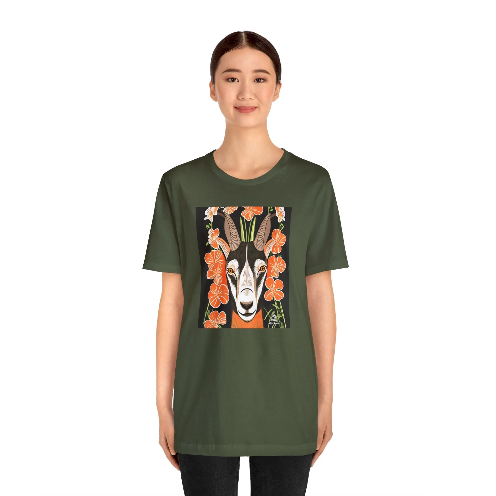 Goat with Orange Flowers, Soft 100% Jersey Cotton T-Shirt, Unisex, Short Sleeve, Retail Fit