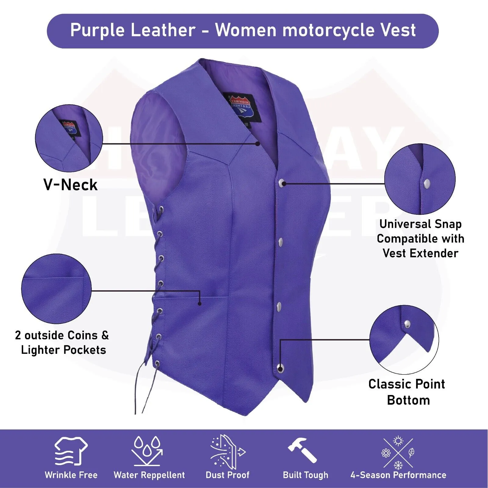 HL14501Purple Royal Purple lace up side Leather Vest for Motorcycle clubs V ROYAL PURPLE