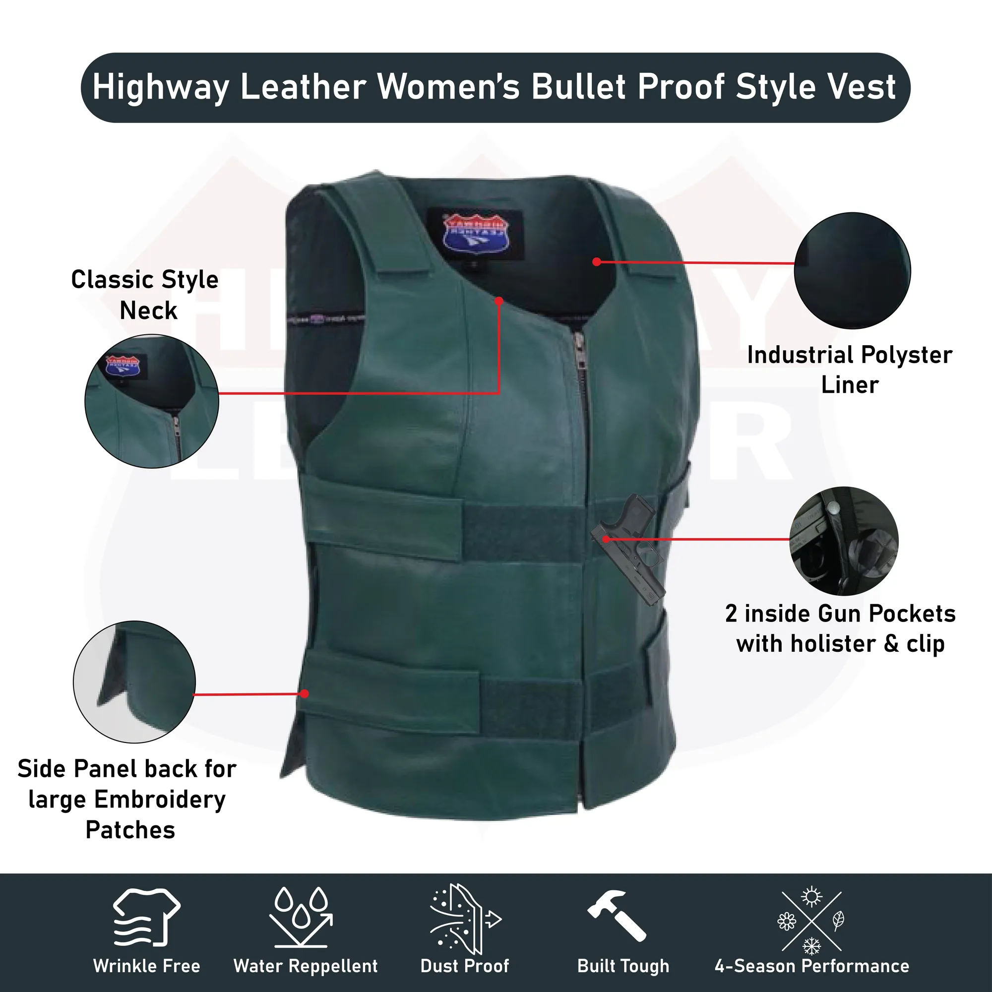 HL14945Hunter H-GREEN Green Emerald Green Women Bullet Proof style Leather Motorcycle Vest for SOA bikers Club