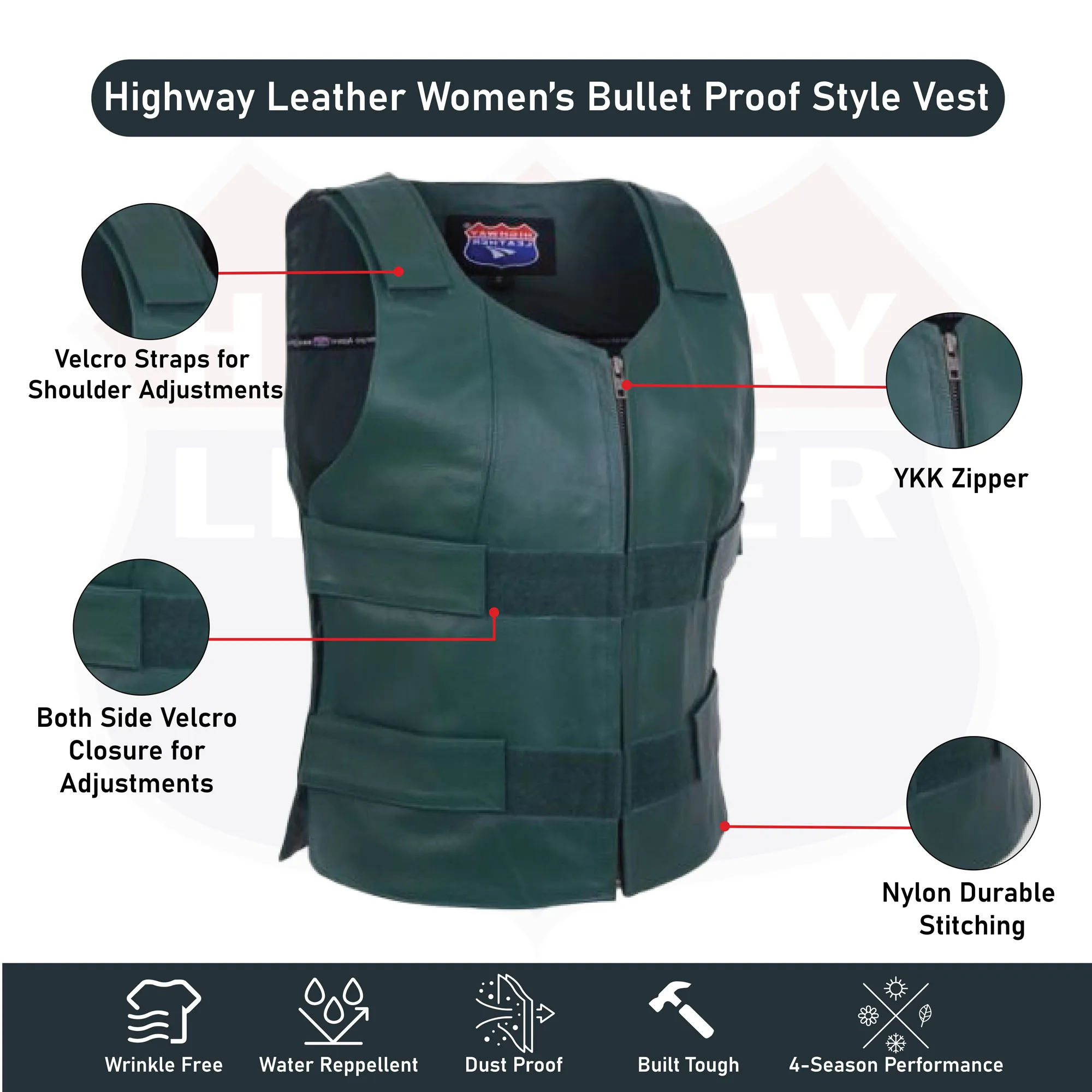 HL14945Hunter H-GREEN Green Emerald Green Women Bullet Proof style Leather Motorcycle Vest for SOA bikers Club