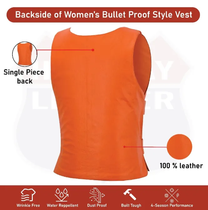 HL14945Orange Women Orange Bullet Proof Leather Vest