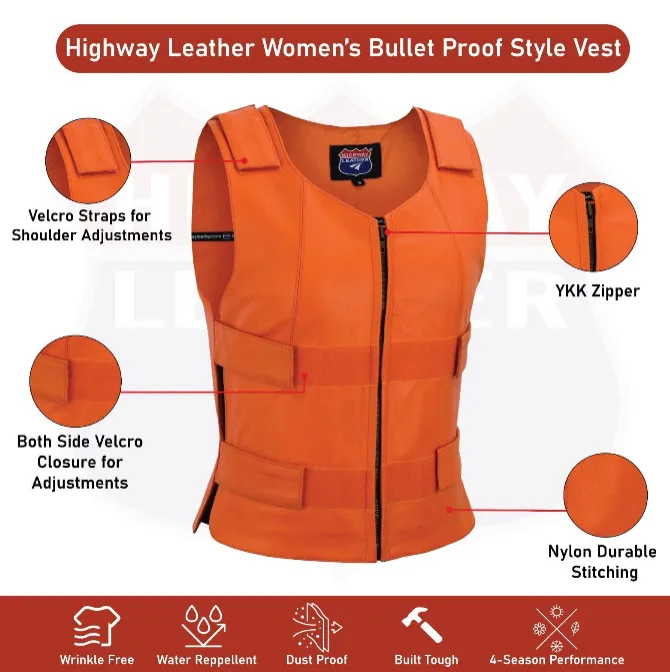 HL14945Orange Women Orange Bullet Proof Leather Vest