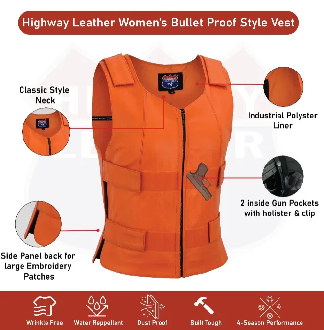 HL14945Orange Women Orange Bullet Proof Leather Vest