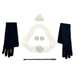 Holly Golightly Mini 5 Piece Pearl Jewelry Costume Flapper Set with Clip On Earrings Inspired by Audrey Style