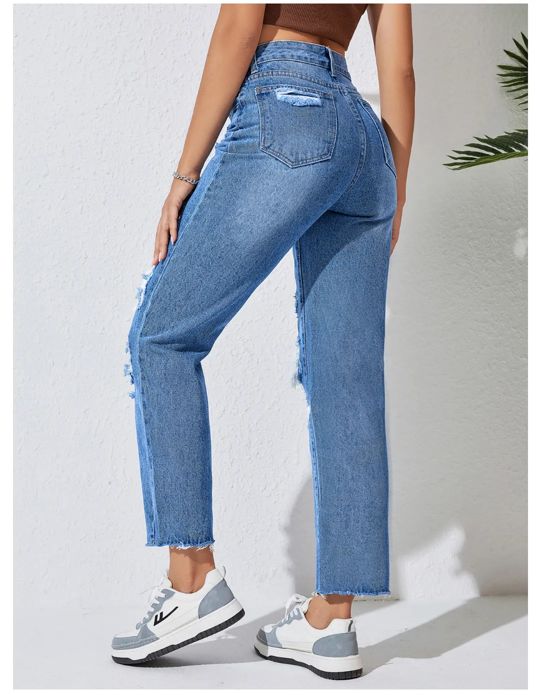 Jeans Women Straight Ripped Trousers Frayed Street Denim