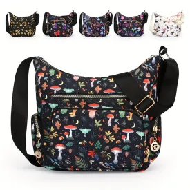 Large Capacity Fashionable Crossbody Handbag - Stylish Floral & Mushroom Prints, Versatile Multi-Pocket Design, Adjustable Strap for Custom Fit