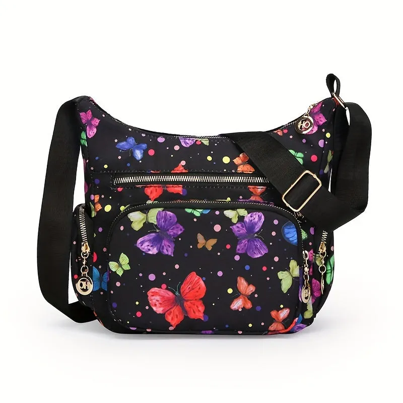 Large Capacity Fashionable Crossbody Handbag - Stylish Floral & Mushroom Prints, Versatile Multi-Pocket Design, Adjustable Strap for Custom Fit