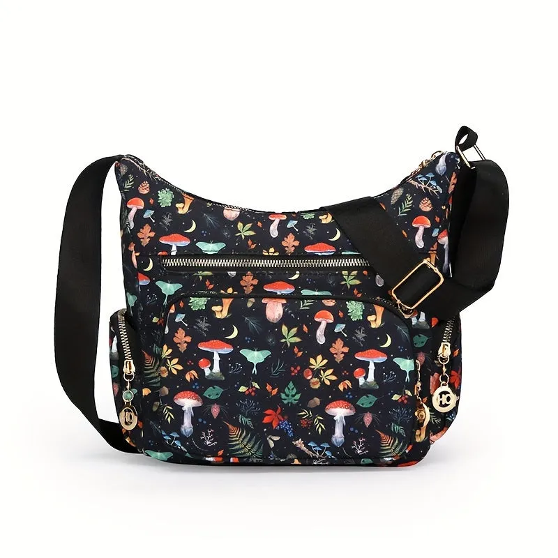 Large Capacity Fashionable Crossbody Handbag - Stylish Floral & Mushroom Prints, Versatile Multi-Pocket Design, Adjustable Strap for Custom Fit