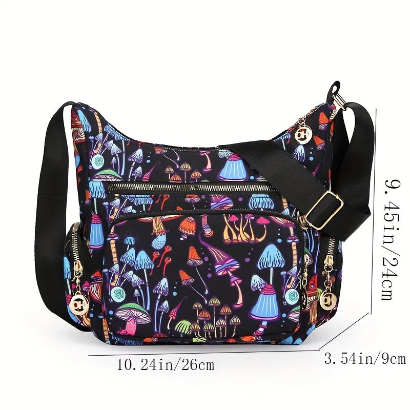 Large Capacity Fashionable Crossbody Handbag - Stylish Floral & Mushroom Prints, Versatile Multi-Pocket Design, Adjustable Strap for Custom Fit