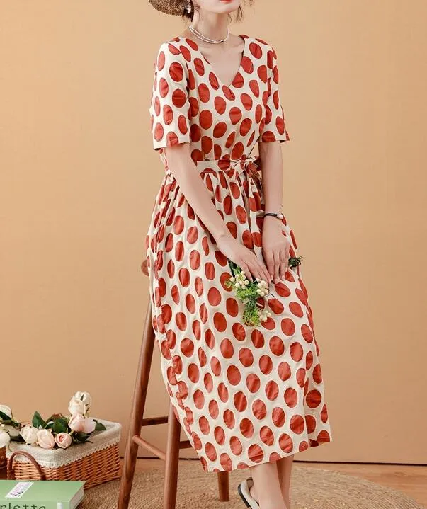 Large Dot Women Dresses Ramie Casual Spring Linen Women Dresses MN97215