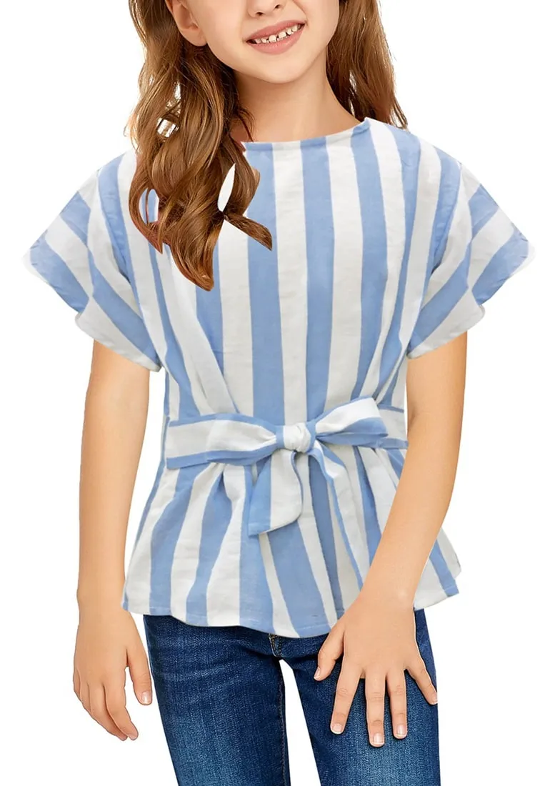 Light Blue Flare Short Sleeves Keyhole-Back Striped Little Girl Top