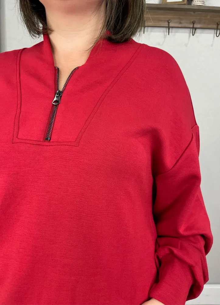 LS Dolman Top with Zipper in Scarlet by Tribal