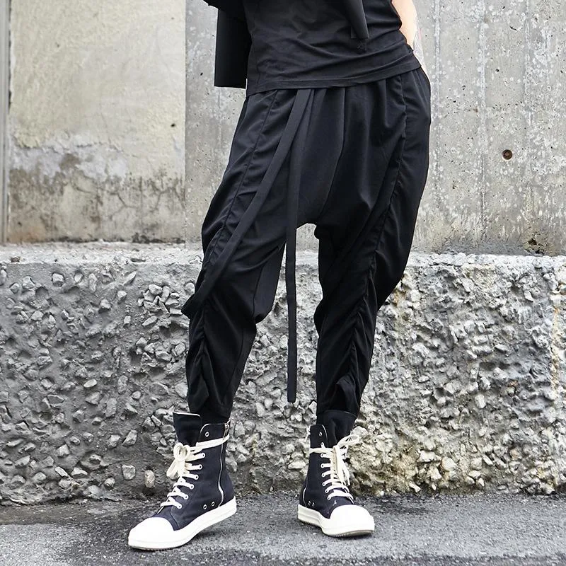 Men Baggy Elastic Waist Drawstring Black Harem Pants