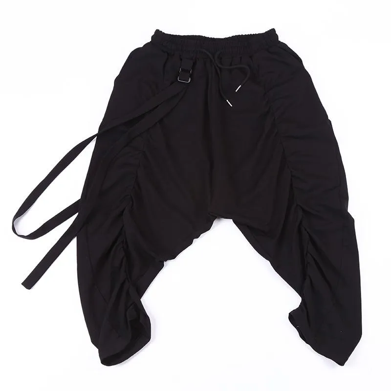 Men Baggy Elastic Waist Drawstring Black Harem Pants