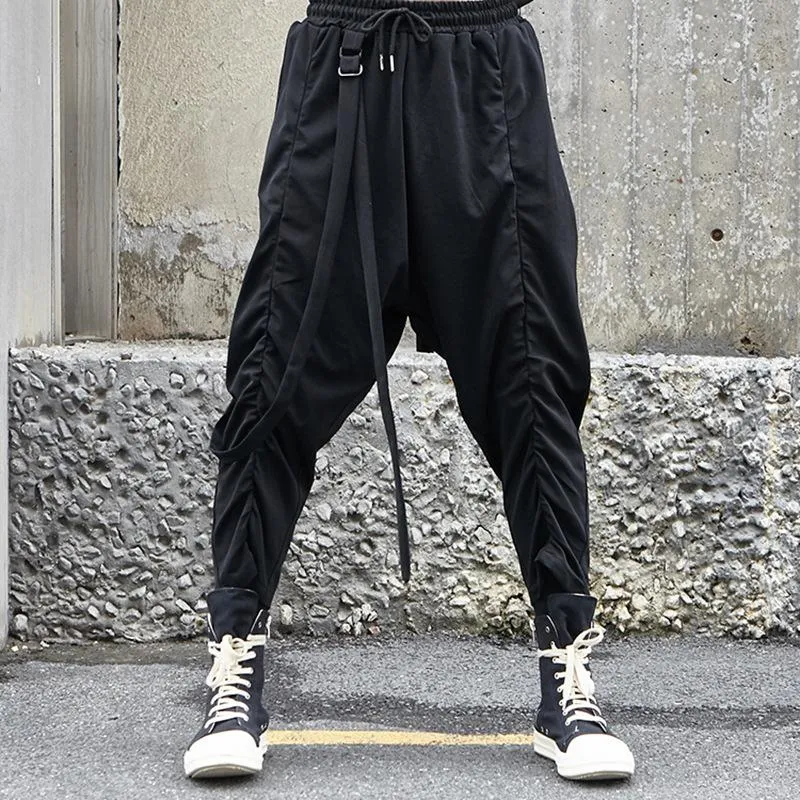 Men Baggy Elastic Waist Drawstring Black Harem Pants