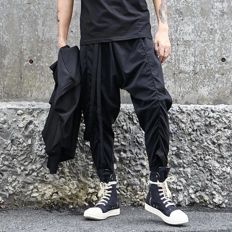 Men Baggy Elastic Waist Drawstring Black Harem Pants