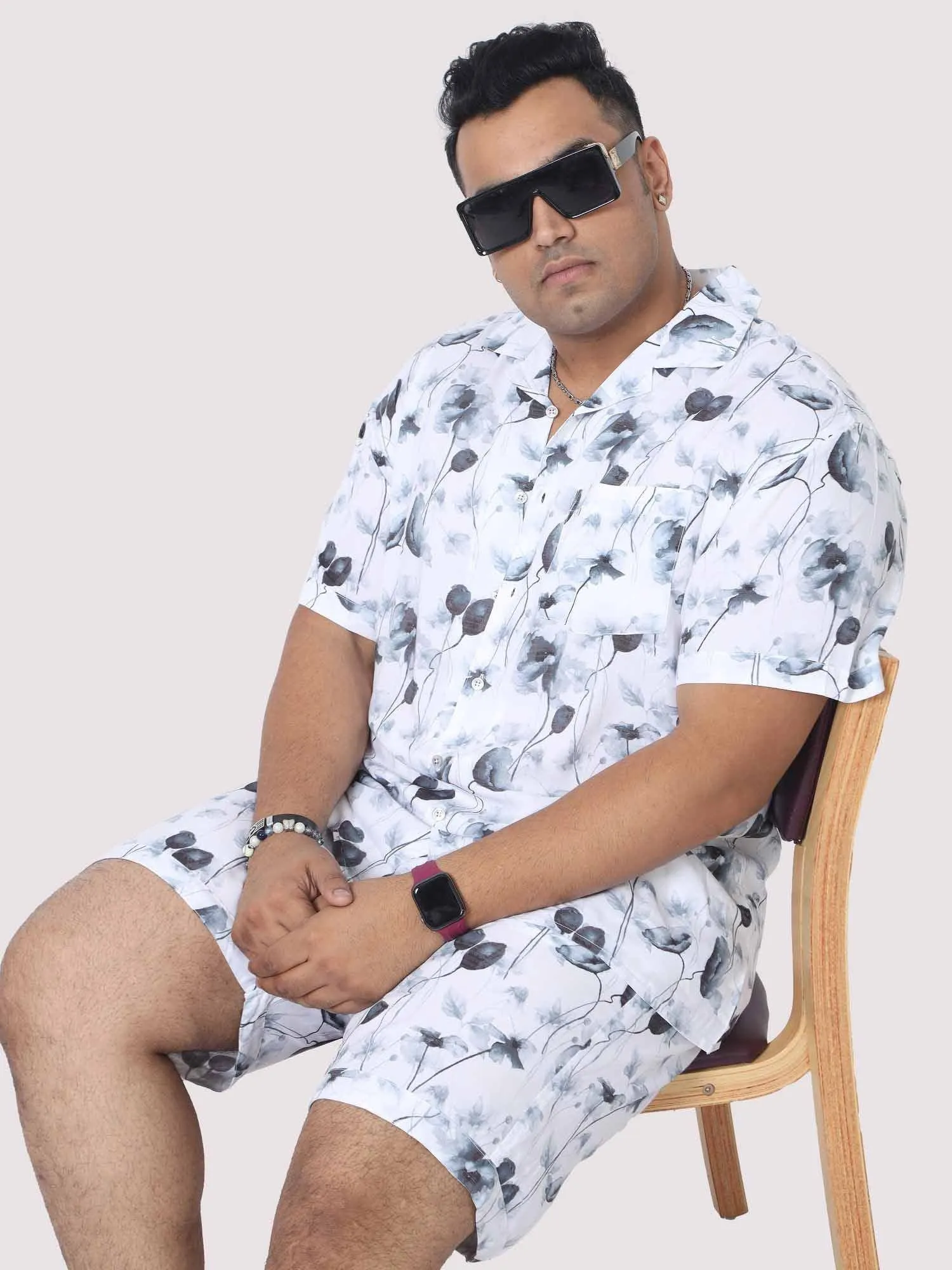 Men Plus Size Grey Blossom Printed Half Sleeve Co-Ords