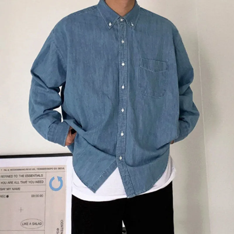 Men Retro Cargo Denim Long Sleeve Shirt