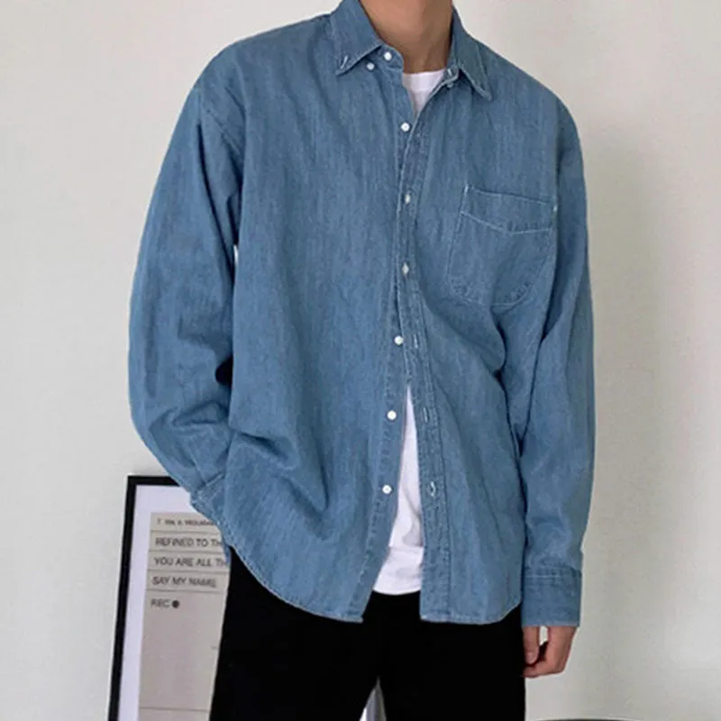 Men Retro Cargo Denim Long Sleeve Shirt