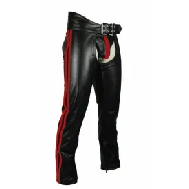 Mens Leather Chaps with Red Stripes and Belt