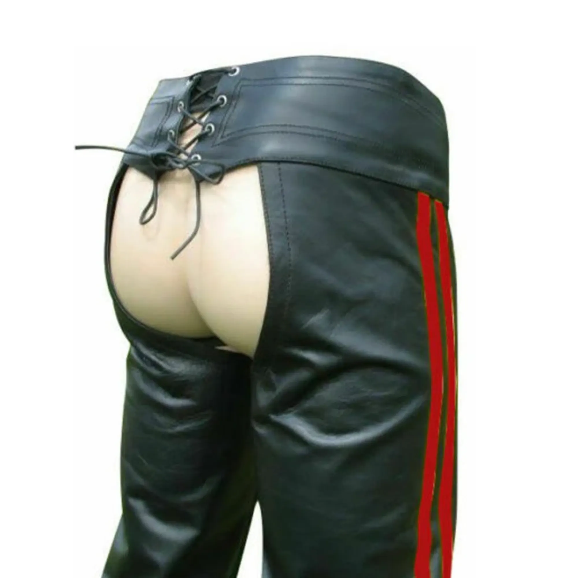 Mens Leather Chaps with Red Stripes and Belt