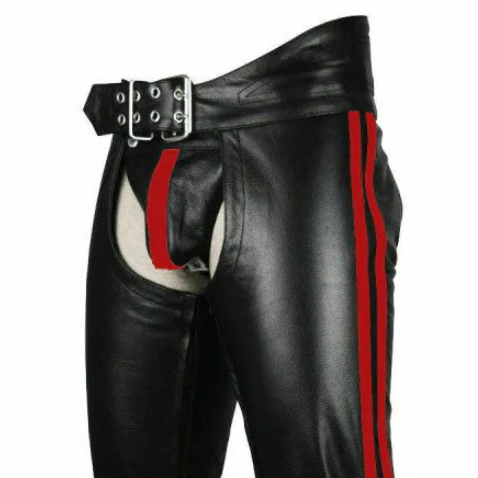 Mens Leather Chaps with Red Stripes and Belt