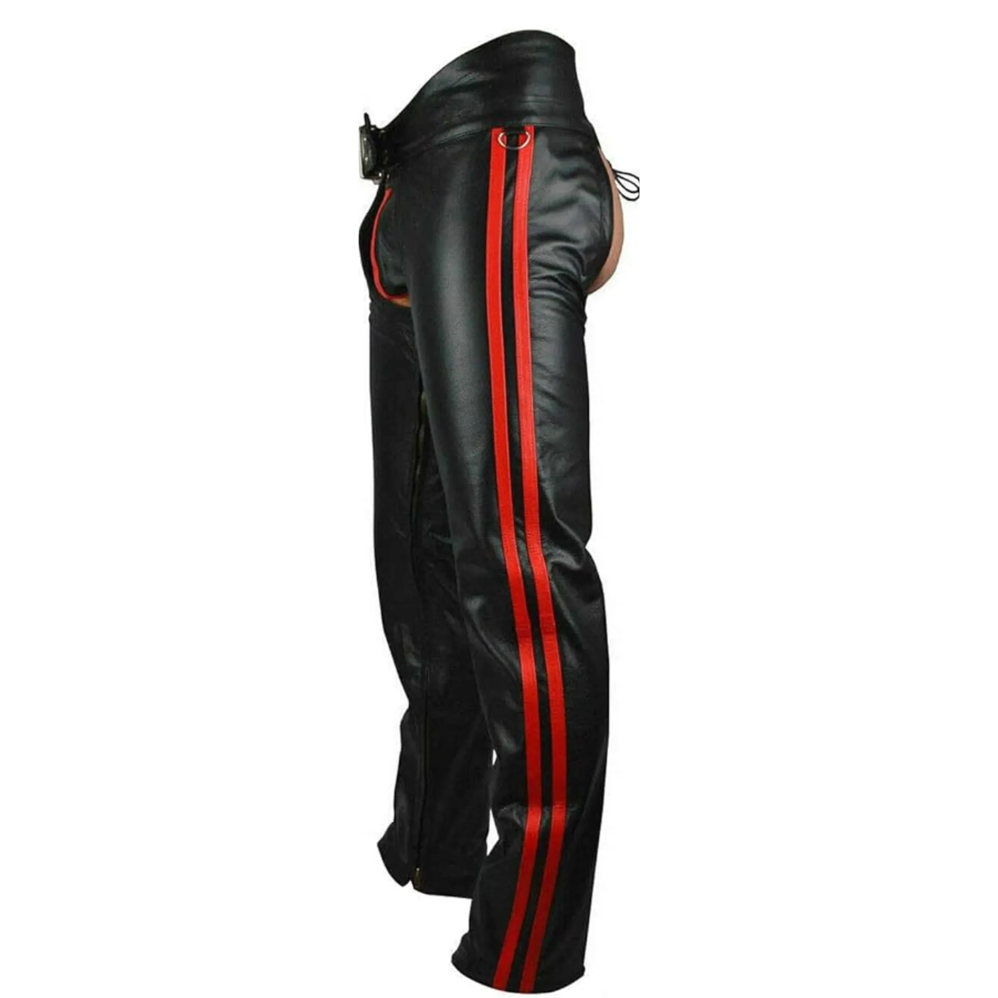 Mens Leather Chaps with Red Stripes and Belt