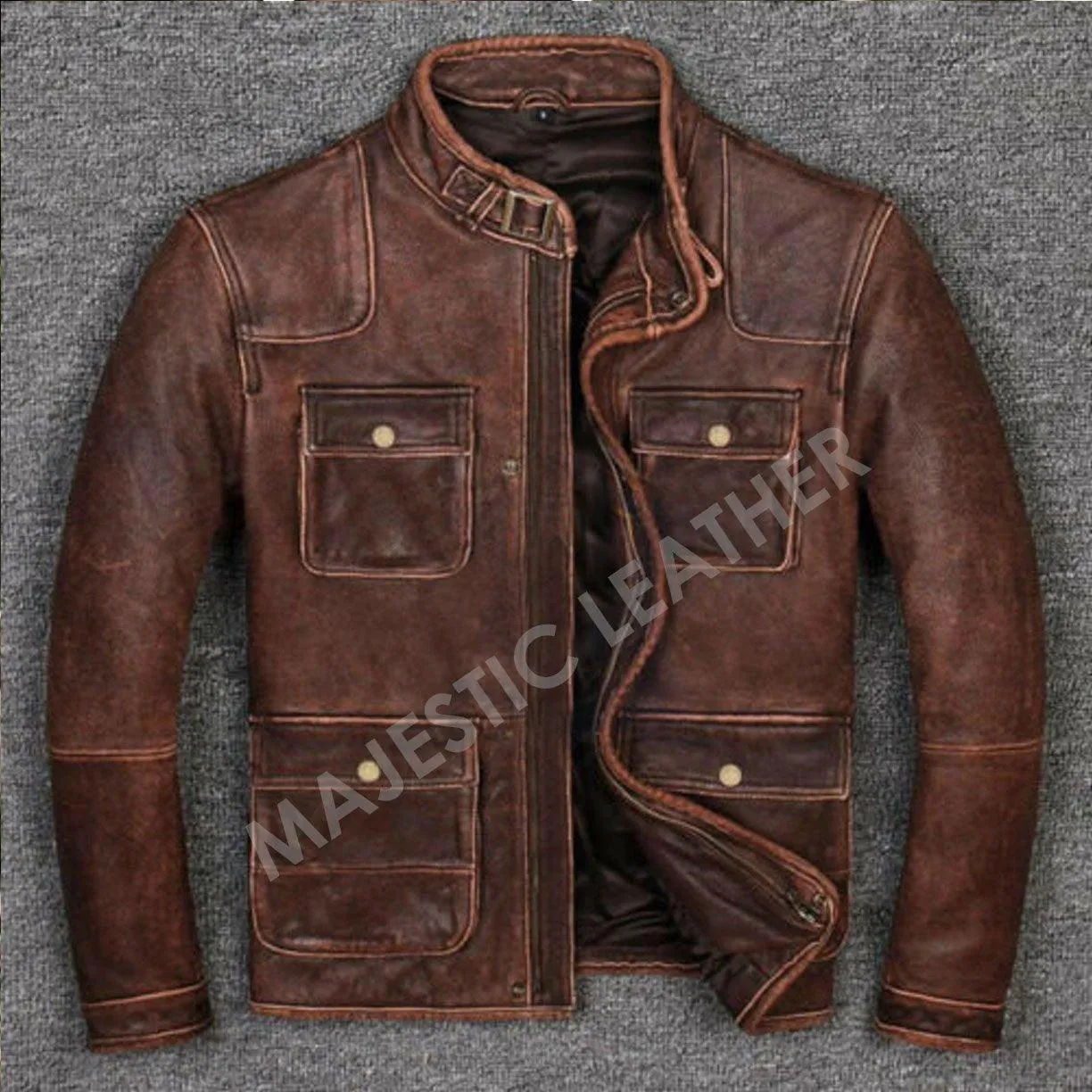 Men’s Motorcycle Biker Vintage Cafe Racer Distressed Brown Real Leather Jacket