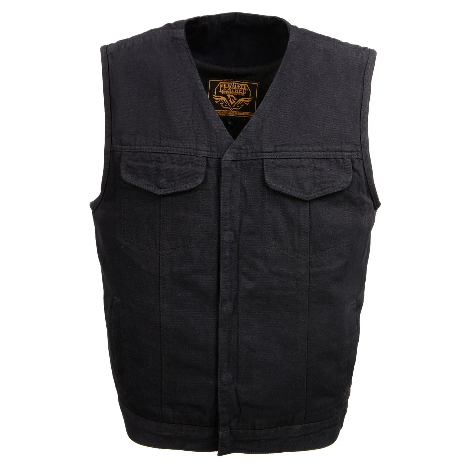 Milwaukee Leather MDM3012 Men's 'Brute' Concealed Snap Black Denim V-Neck Club Style Vest w/ Hidden Zipper