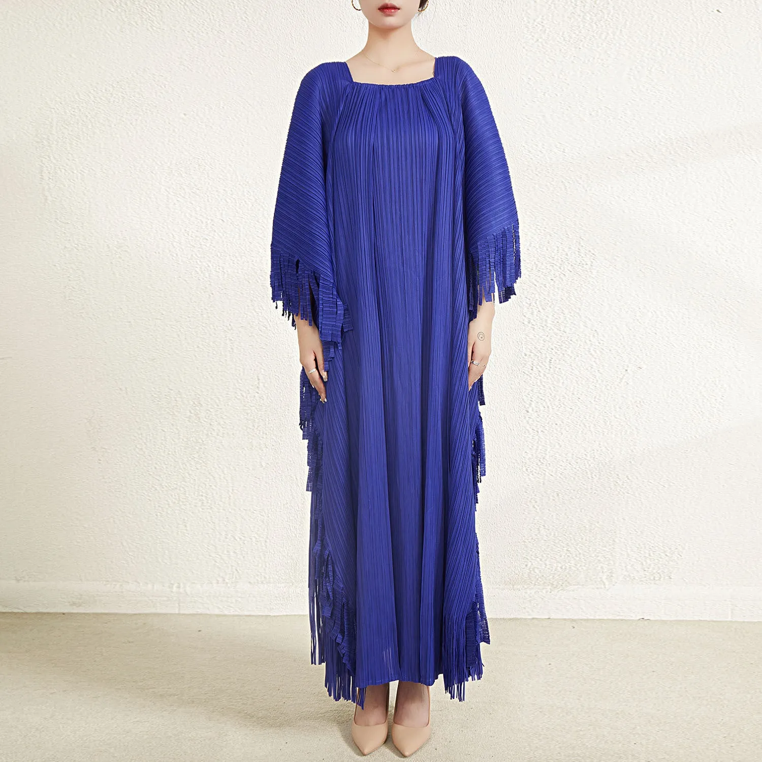 Miyake Pleated Flare Sleeves Maxi Dress with Fringe Detail