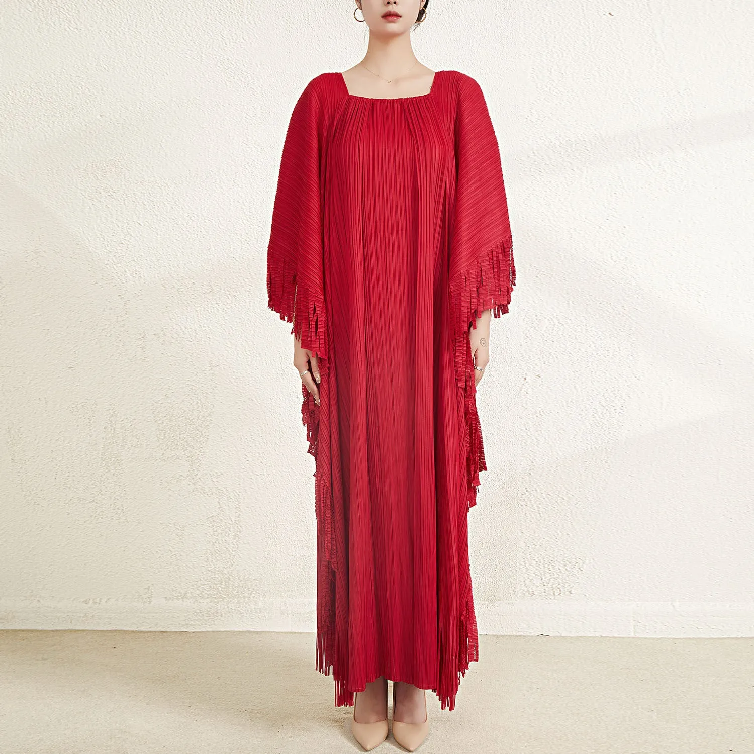 Miyake Pleated Flare Sleeves Maxi Dress with Fringe Detail