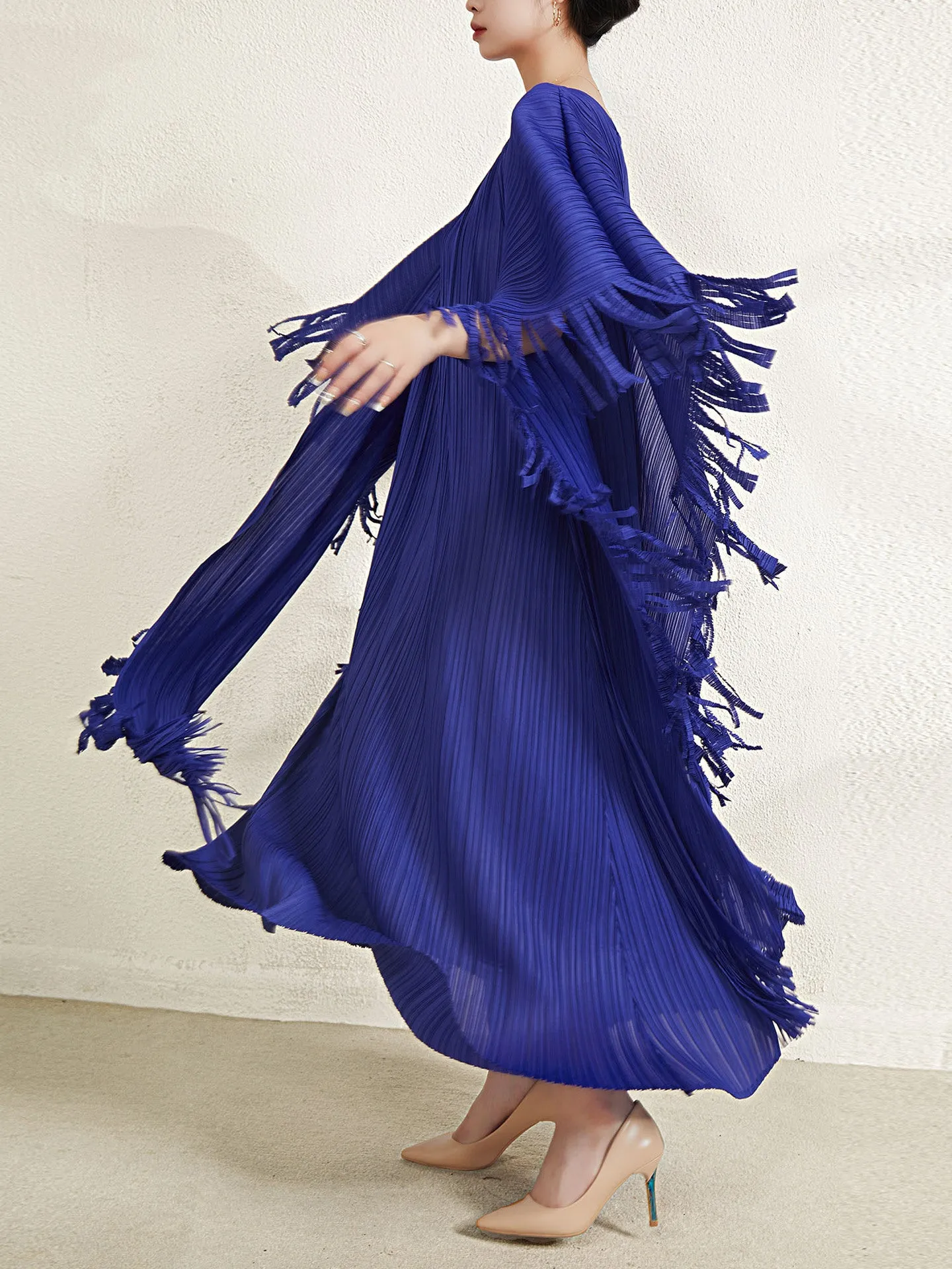 Miyake Pleated Flare Sleeves Maxi Dress with Fringe Detail