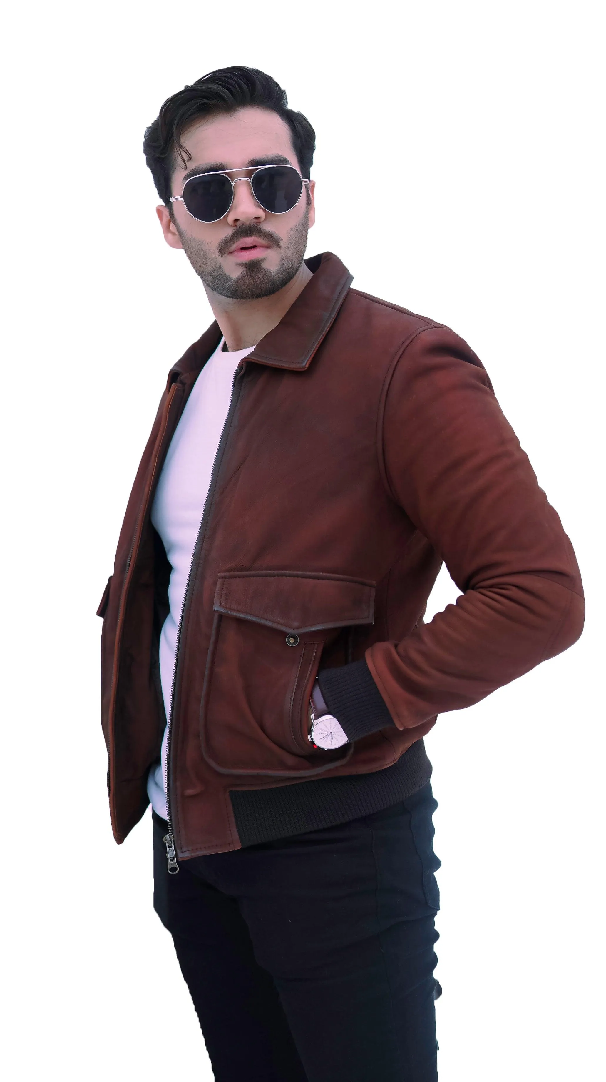 NEW AVIATOR REDISH BROWN COWHIDE NUBUCK SUEDE BOMBER LEATHER JACKET