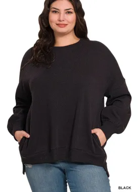 Plus Fleece Hi Low Boyfriend Sweater in Black by Zenana