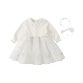 Princess Girl Mesh Embroidery White Knitted Dress With Headband