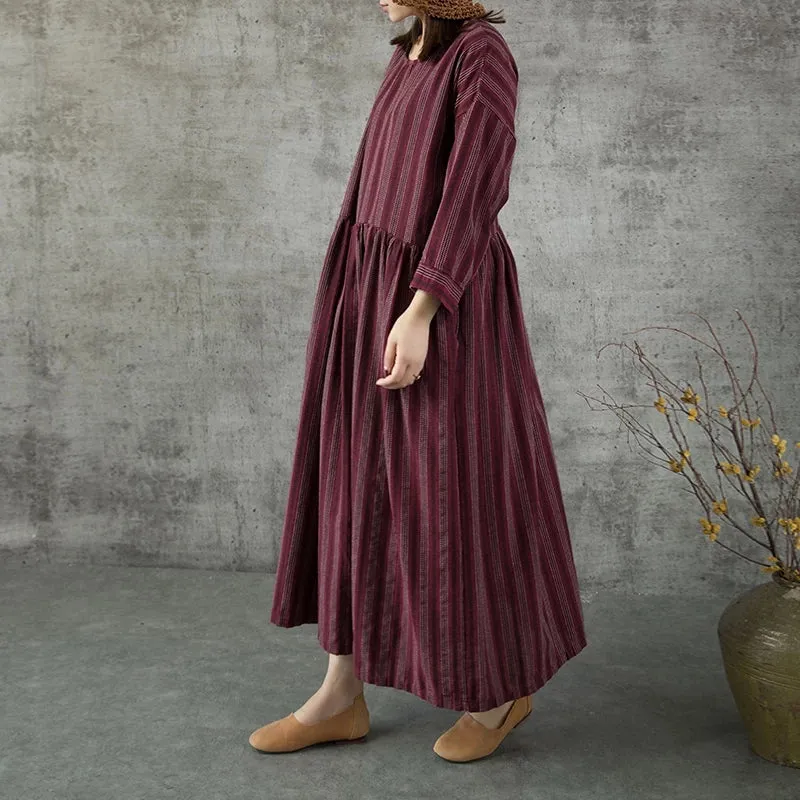 Stripe Women Linen Cotton Dresses Large Pockets CH90412