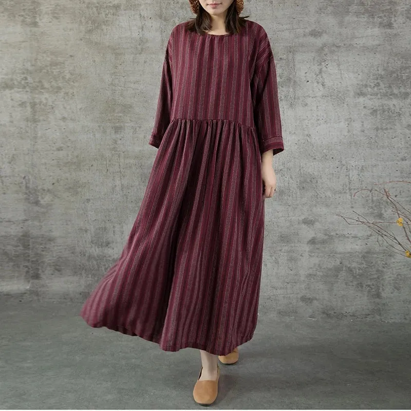 Stripe Women Linen Cotton Dresses Large Pockets CH90412