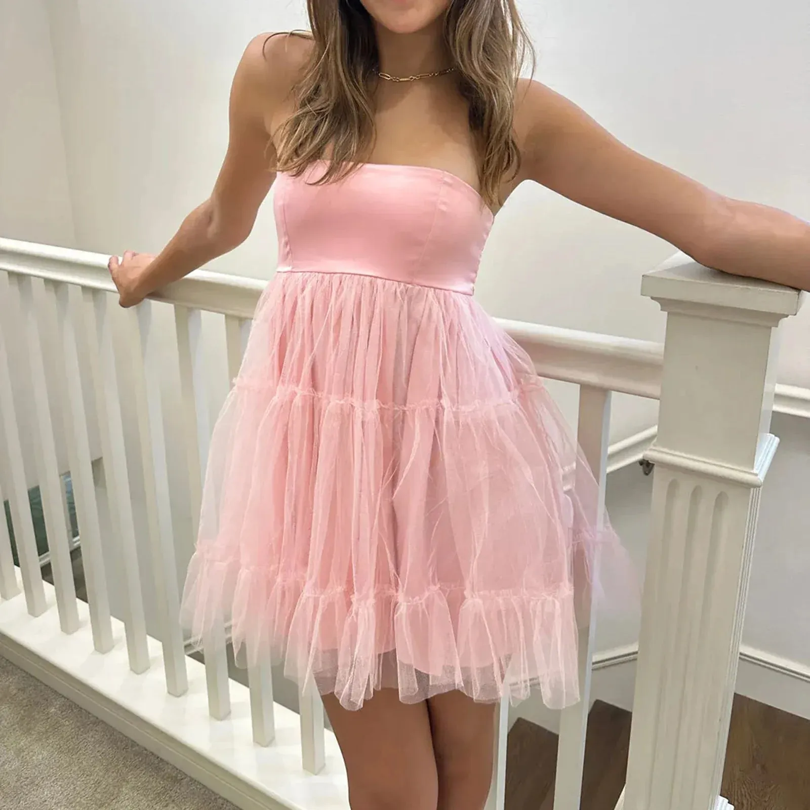 Tulle Tutu Tube Solid Strapless Open Back Mini A-Line Cocktail Summer Princess Dress