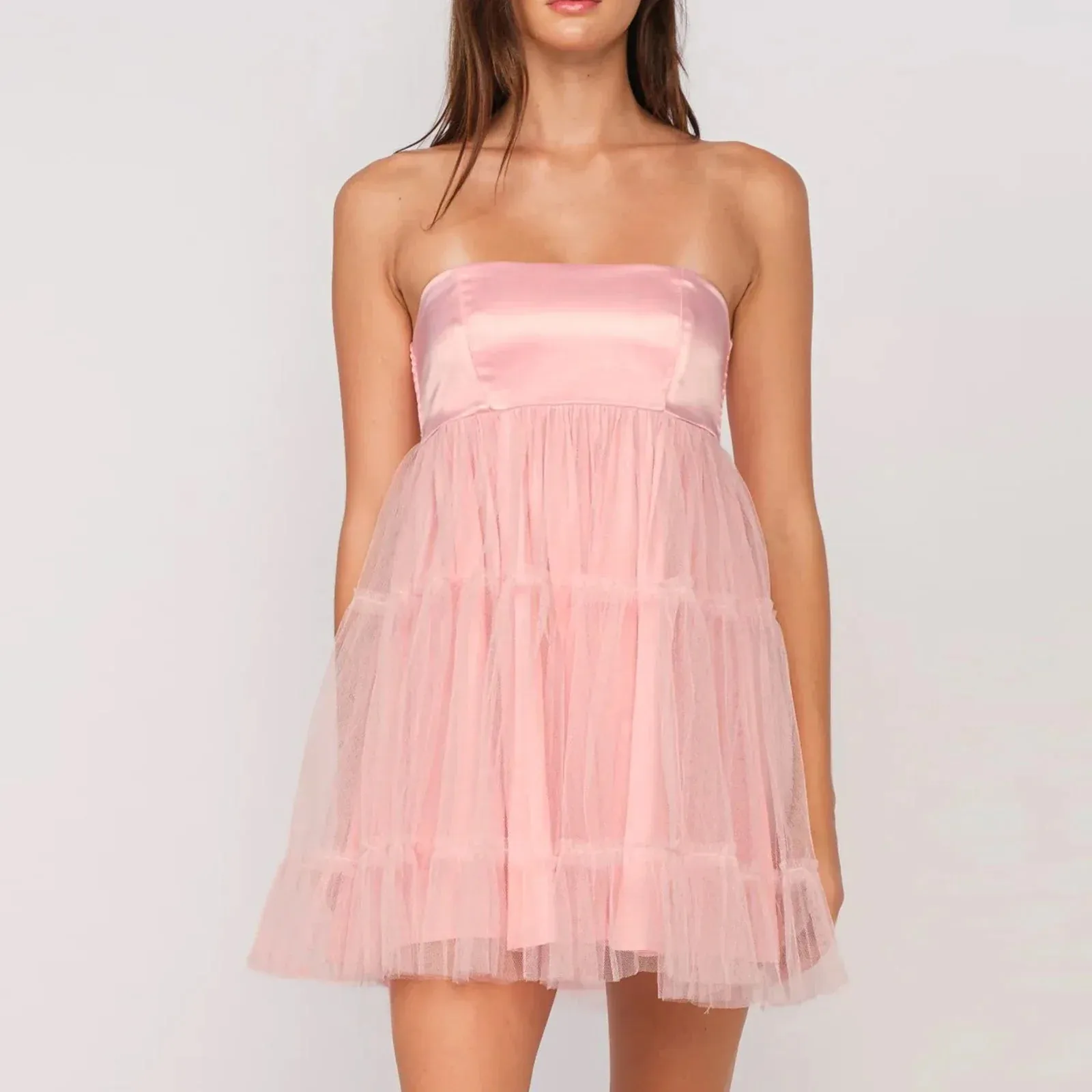 Tulle Tutu Tube Solid Strapless Open Back Mini A-Line Cocktail Summer Princess Dress