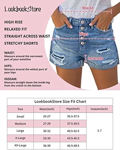 Women Summer High Waisted Sewn Cuffed Hem Buttons Denim Jean Shorts