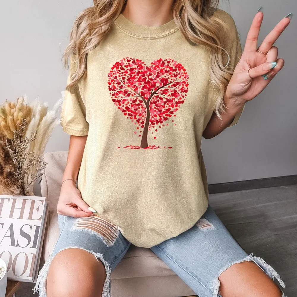 Women Valentine's Day Love Heart Tree Print Graphic T-shirt