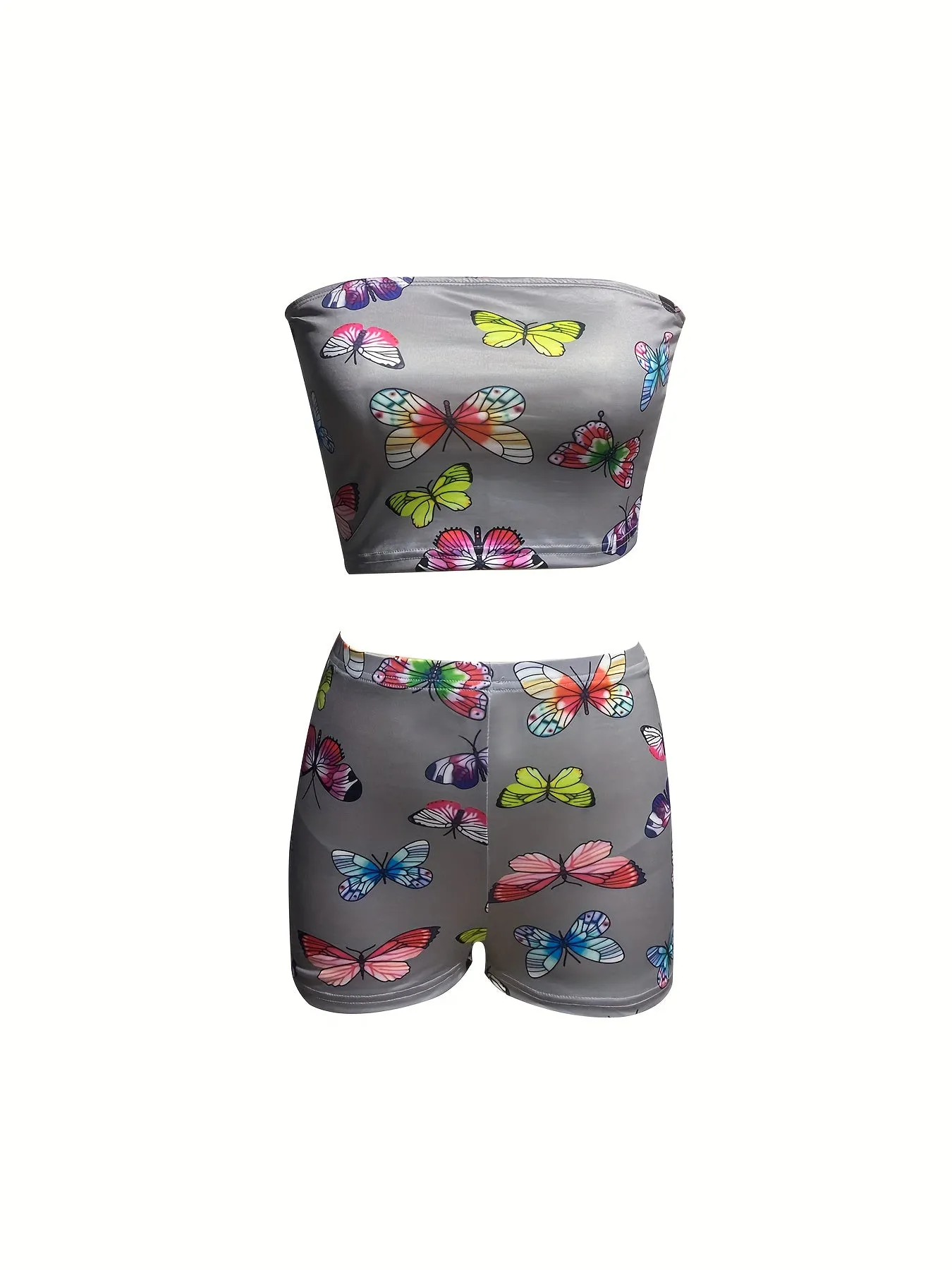 Women's Butterfly-Themed Two-Piece Fashion Set – Flirty Crop Tube Top & Comfy Elastic Shorts – Vibrant Casualwear for Summer Outings and Beach Days