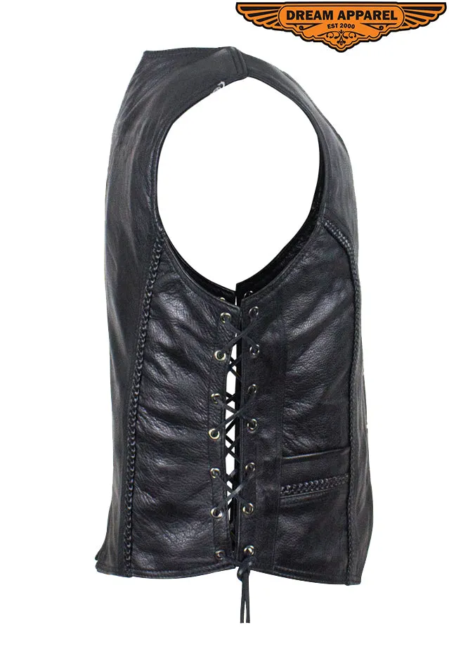 Womens Longer Motorcycle Vest With Braid