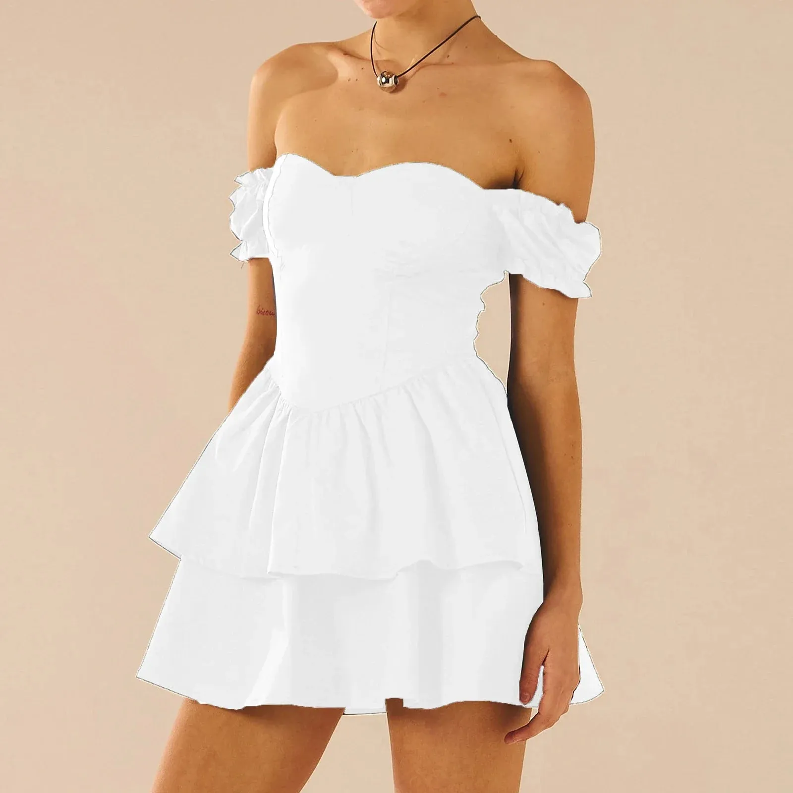 Women's Summer Off Shoulder Tube Solid Color Short Sleeve A-Line Mini Dress