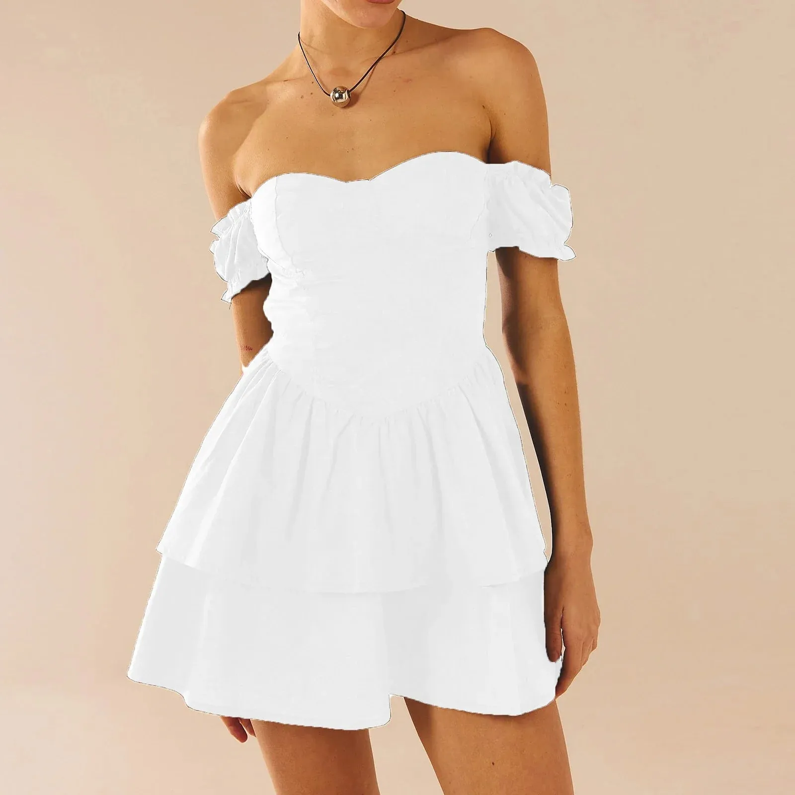 Women's Summer Off Shoulder Tube Solid Color Short Sleeve A-Line Mini Dress